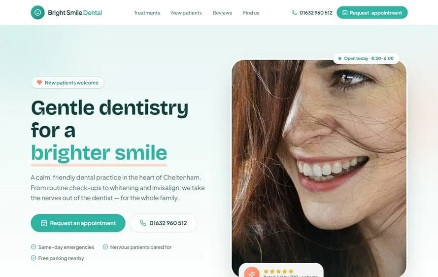 Homepage of the Bright Smile Dental demo website