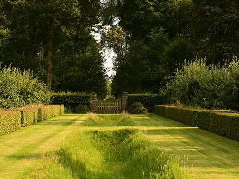 After: a mown grass walk between neatly clipped hedges