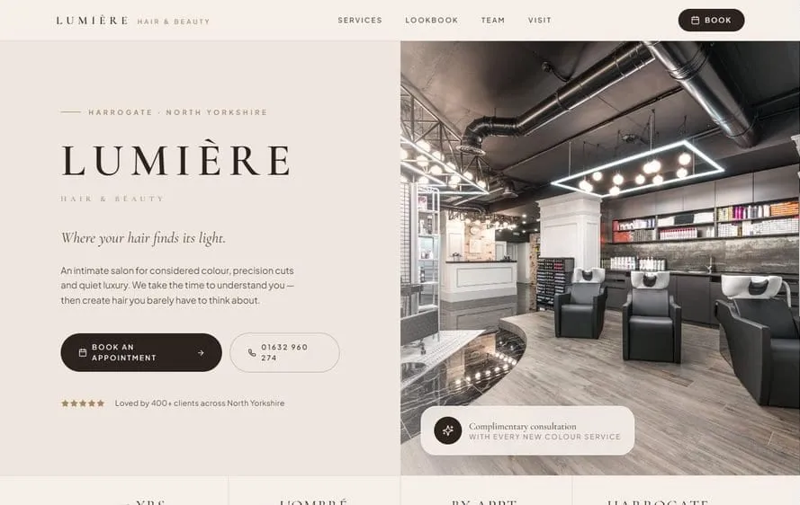 Homepage of the Lumière Hair & Beauty demo website