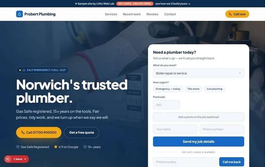 Homepage of the Probert Plumbing demo website