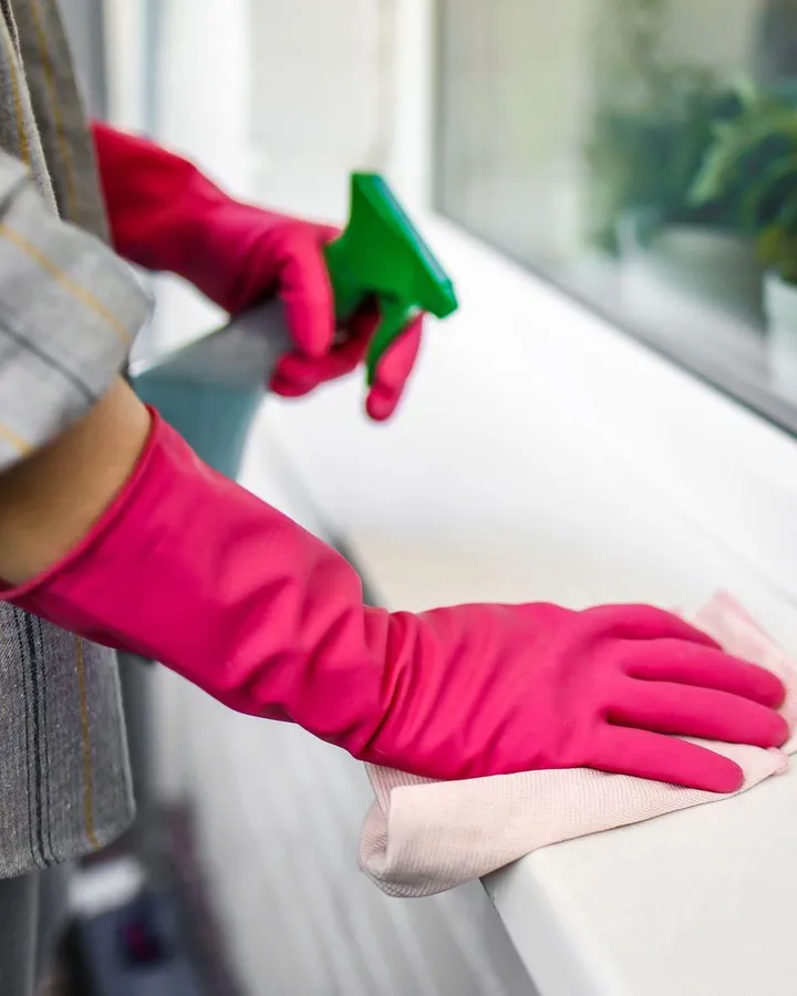 A cleaner in pink rubber gloves wiping a white windowsill, with house plants behind the glass