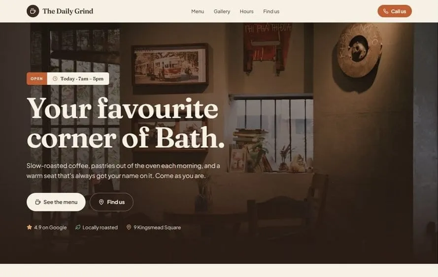 Homepage of the The Daily Grind demo website